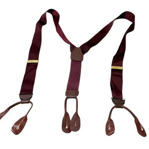 Burgundy Y Back Button Suspenders Fabric & Leather Solid Brass Excellent!